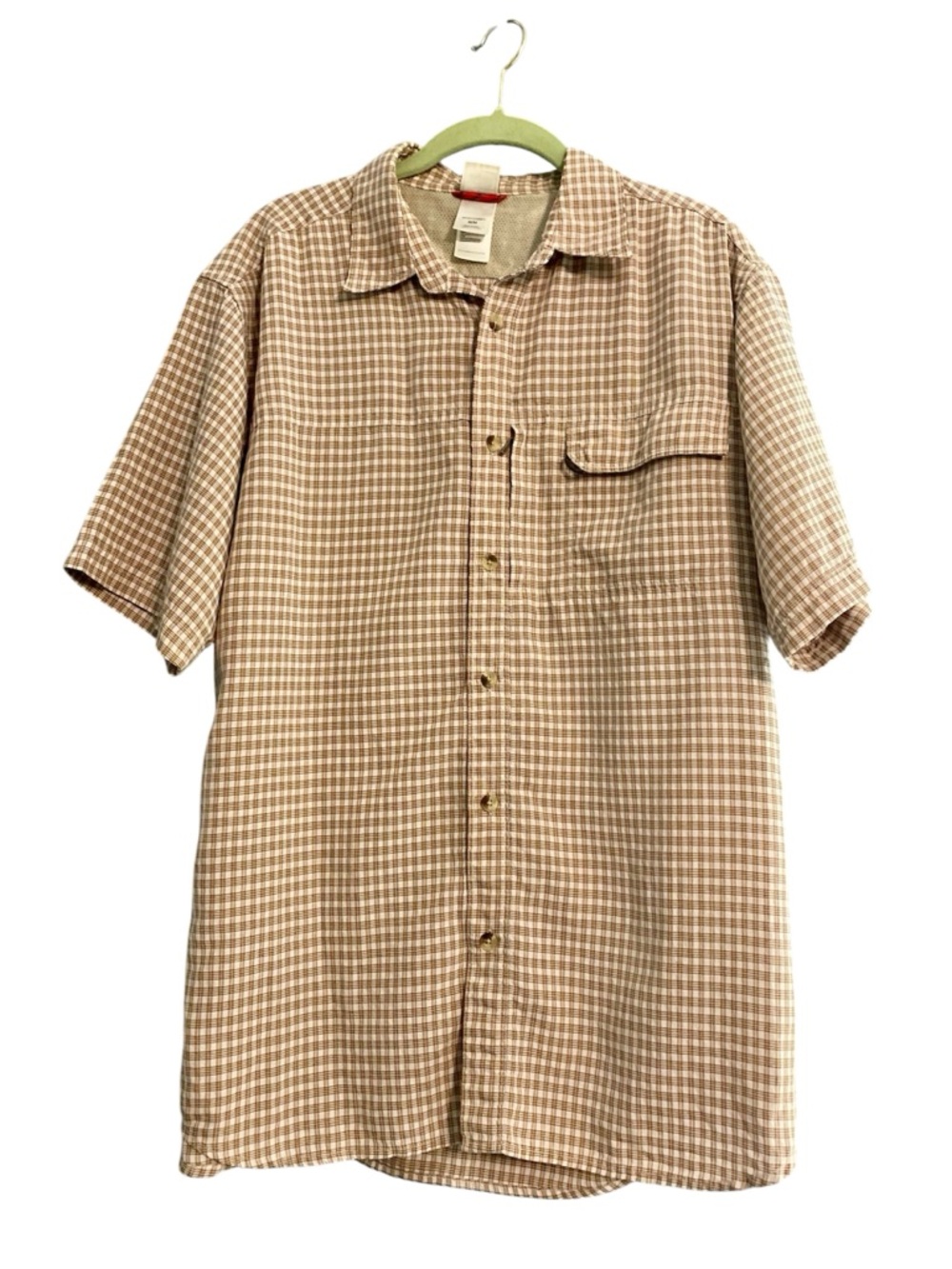 North Face Short Sleeve Button-Up Shirt Brown Check Front Zip Pocket Sz Medium